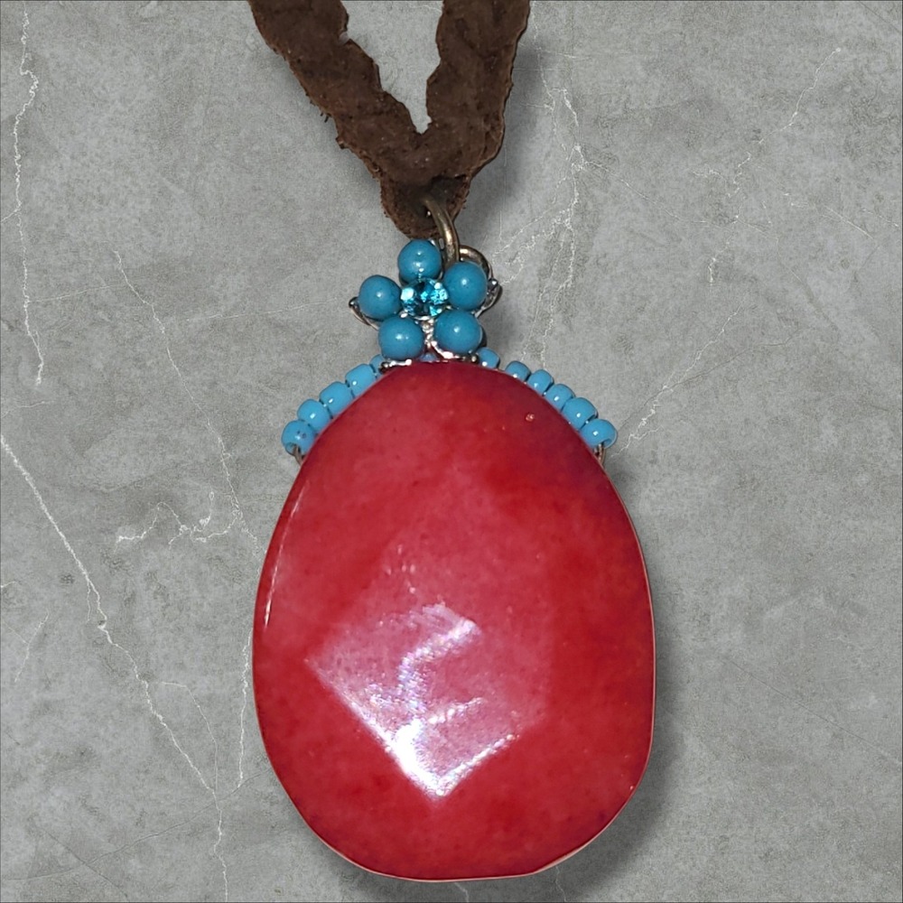 Vintage Boho Western Style Red Stone Pendant Brown Leather Necklace 16"-19"